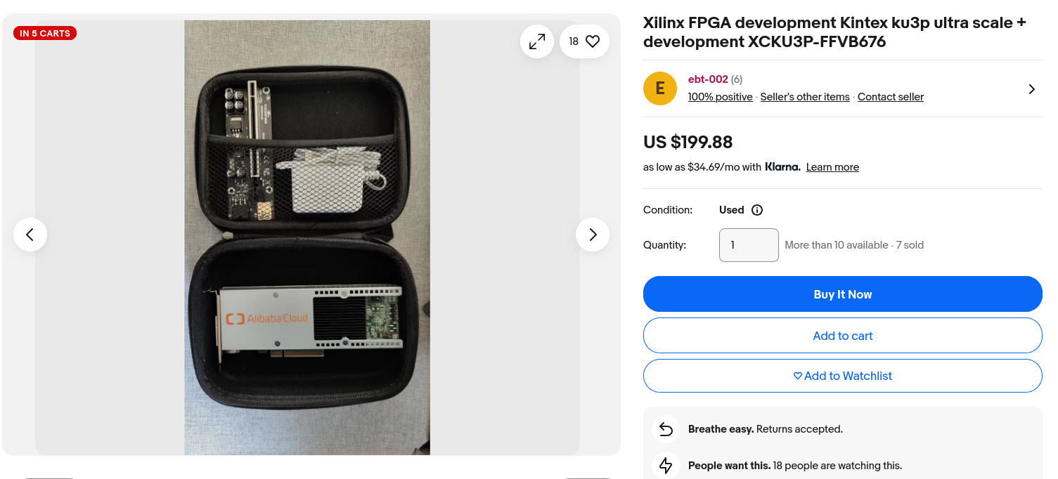 Ebay listing for a decommissioned Alibaba Cloud accelerator FPGA