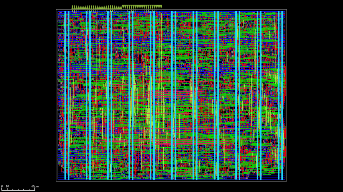 Floorplan of the second generation Systolic Array designed for IHP 130nm's node using the sg13g2 PDK. It occupies 126,685 µm² of die area and has a target typical operating voltage of 1.2V at 25°C. This design features two clock trees, one for the MAC and another for the JTAG TAP. The MAC clock targets a 100 MHz maximum operating frequency, but current output GPIO frequency experiements suggest a 75 MHz maximum, and the JTAG 2 MHz.